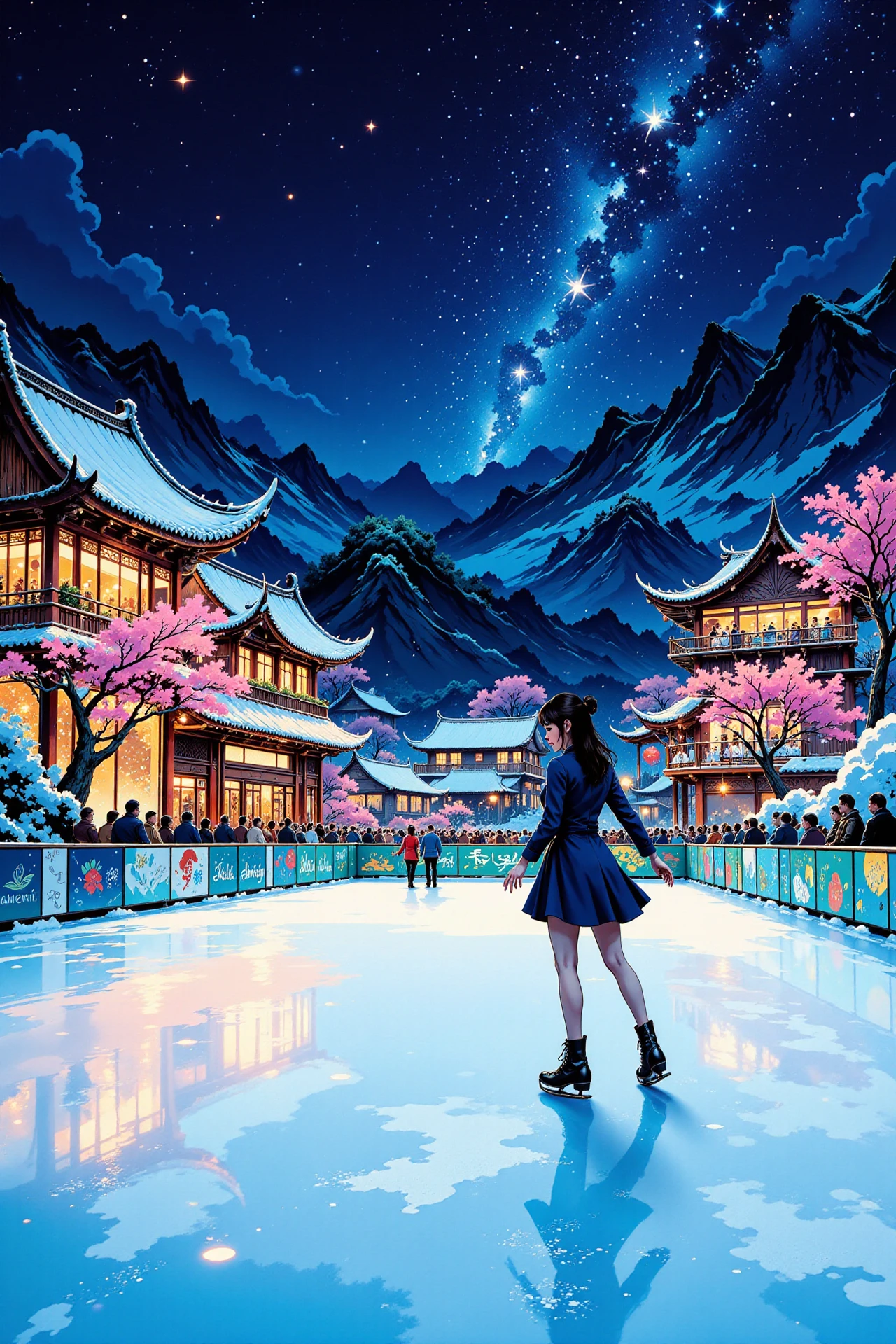 skating rink beautiful  anime landscape, bright luminous night, woman, very intricate, very detailed, sharp, bright, colorful, <lora:Hand v2:0.5> <lora:Anti-Blur:1><lora:Insane Detail Slider:0.25>  <lora:flux.1_lora_flyway_Epic-detail_v2:0.3> <lora:fluxenhancer:0.25> <lora:ROWER:0.6> <lora:flux-charmer-v1-1:0.4> <lora:Chinese_Ink:0.6> chinese ink style