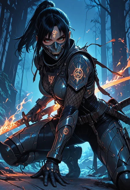 (masterpiece), (best quality), (8k), 1girl, cinematic lighting, dynamic action pose, highres, very detailed, amazing quality, masterpiece, fujimoto_tatsuki, fujimoto_tatsuki_(style),
very aesthetic, intense,
particle effect,
1girl, shadowheart, samurai, solo, layered samurai armor, engraved, bodysuit, tight clothing, fishnets, sleeveless, futuristic armor, runic symbols etched in armor, armored legs, full mask, halfmask, flaming katana,
assassin theme, japan theme,
looking at viewer, tough pose,
mountains,
at night, night, close up, closeup,