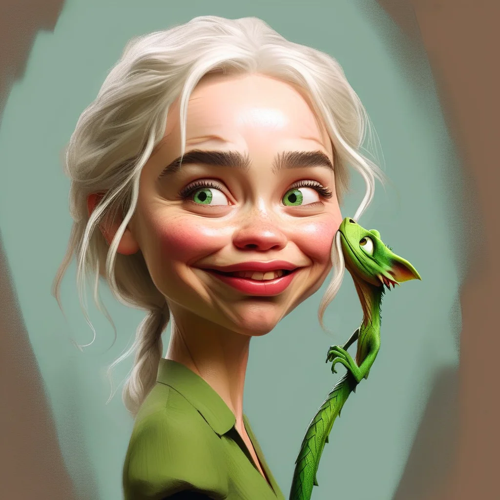 caricart Emilia Clarke with a little green dragon<lora:caricart:1>