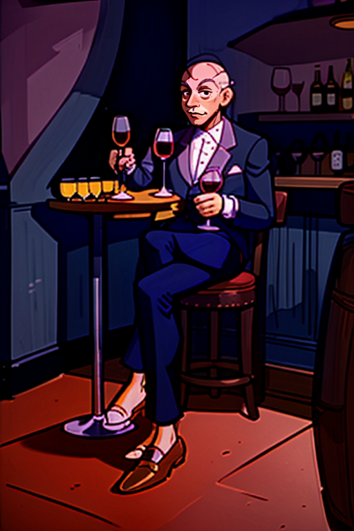 <lora:Boris_Kropotkin_Rugrats_1991:1.05>, 1man, bar, wine glass, fancy, legs crossed, <lora:LCM_SD15:1.0>