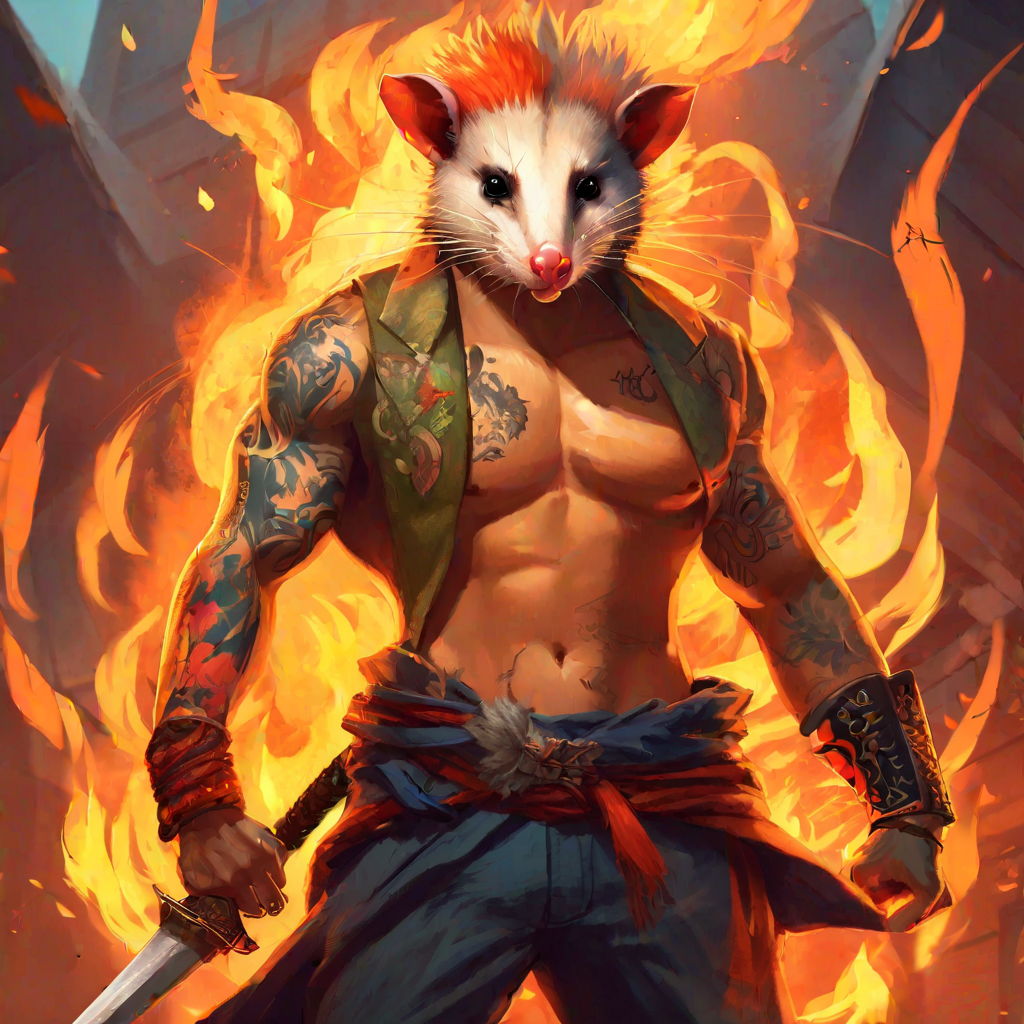 concept art jacked uber muscular possum breathing fire with yakuza tattoos, anthropomorphic, holding sword,, full body . digital artwork, illustrative, painterly, matte painting, highly detailed <lora:Opossum-possum-000002:.6> opossum, possum