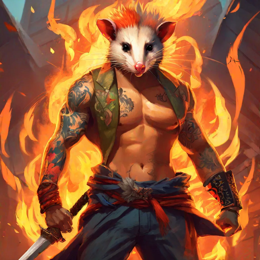 concept art jacked uber muscular possum breathing fire with yakuza tattoos, anthropomorphic, holding sword,, full body . digital artwork, illustrative, painterly, matte painting, highly detailed <lora:Opossum-possum-000002:.6> opossum, possum
