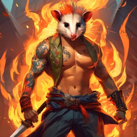 concept art jacked uber muscular possum breathing fire with yakuza tattoos, anthropomorphic, holding sword,, full body . digital artwork, illustrative, painterly, matte painting, highly detailed <lora:Opossum-possum-000002:.6> opossum, possum