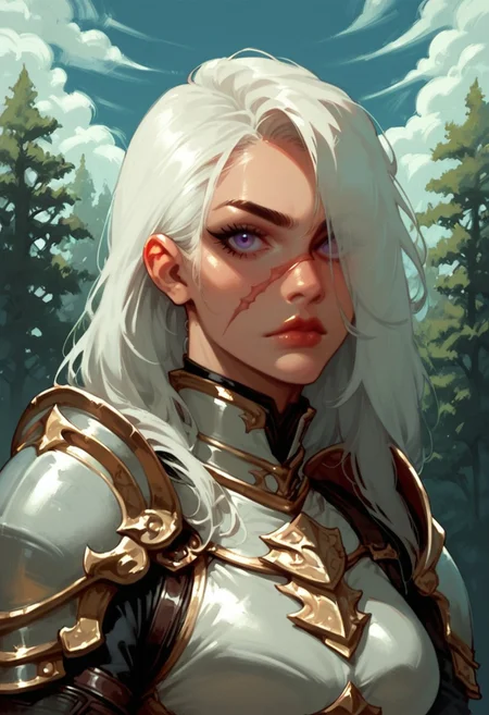 1girl, armor, scar, solo, scar on face, white hair, long hair, hair over one eye, looking at viewer, purple eyes eyes, outdoors, upper body, breastplate, medium breasts, shoulder armor, tree, makeup, lip gloss, day, scar across eye, sky, , cloud, , shoulder plates, pauldrons, breasts, nature, eyelashes, scar on nose, scar on cheek, closed mouth, forest, blue sky, one eye covered
,  <lora:Ri-MIX_A_Illustriousv2-000009:1> rimixa,, looking at viewer,, , score_9, score_8_up, score_8_up,