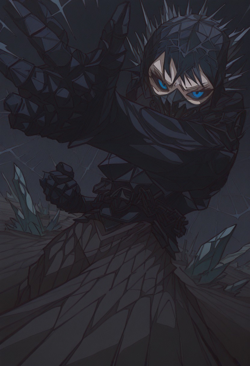 master piece, best quality, detailed, absurdres, stylized clothes, movie angle, masterpiece, very aesthetic, absurdres, 7A3IFRHPR_illu, ligne claire, dynamic pose, abstract element, abstract background, foreshortening, man, male, pure ice hair, iron face mask, armor, Restrictive armor, gauntlets, iron face mask, black sclera, blue eyes, pale skin, calm expression, ice lines, chains, Kimono over armor, open kimono, clothes over armor, posing, xhxgstyle