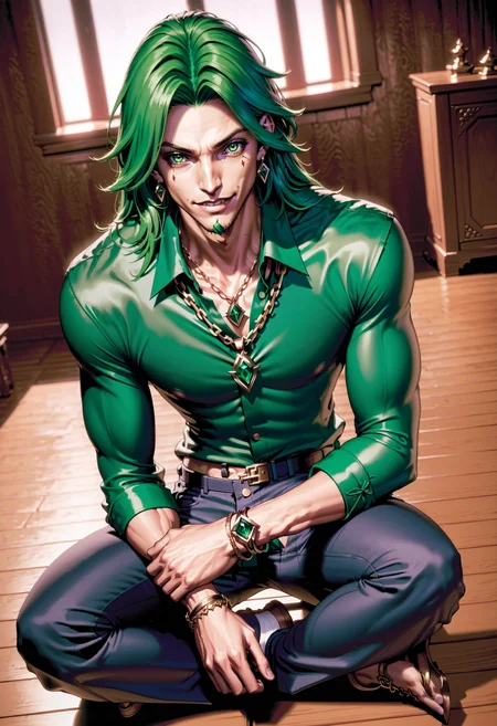 LoL Style, 1boy, blood, brown eyes, earrings, green hair, hair between eyes, jewelry, long hair, looking at viewer, male focus, necklace, pants, ring, shirt, sitting, smile, solo 
 <lora:LeagueofLegSDXL:0.8>
