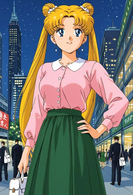 Retro art style, solo, Tsukino Usagi, 1 girl, pretty face, blue eyes, blonde hair, long hair, very long hair, double bun, double pigtails, very long pigtails, medium breasts, (long skirt, green skirt, knee-length skirt, puffy shirt, pink shirt, white bag, girl bag), standing, hand on hip, city background, buildings in the background, crowd of people, night, lights, advertisements