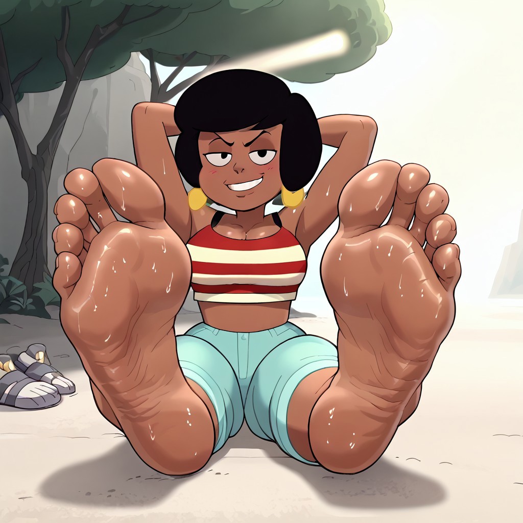 score_9, score_8_up, masterpiece, 1girl, solo, close up shot, source_cartoon, rating_explicit,
high detail, perfect face, (full body shot:1.5), spread legs, (sexy posing), looking at viewer
warm lighting, volumetric lighting, light beams coming in,
perfect feet, beautiful feet, perfect feet, thick soles, wide soles, sweaty soles, detailed soles, meaty soles, 
soles pov, foot focus, foreshortening, 
bubble butt, thick thighs, wide hips, bottom heavy, perky breasts,
outdoors, sunny  day,
front view,
blushing, flirtatious look, smug, flirtatious, smirk, cleavage, arms up, hands behind head,
1girl, Solo, Jenny_SU, brown skin, black eyes, large gold hoop earrings, black hair, puffy bob hairstyle, red-white striped crop top, black mini-top underneath, pale sea-foam green jeans, barefoot, shiny soles,
anime_screencap, (4 toes on both feet:1.3),