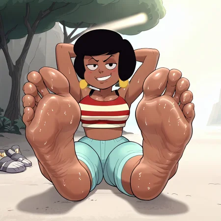 score_9, score_8_up, masterpiece, 1girl, solo, close up shot, source_cartoon, rating_explicit,
high detail, perfect face, (full body shot:1.5), spread legs, (sexy posing), looking at viewer
warm lighting, volumetric lighting, light beams coming in,
perfect feet, beautiful feet, perfect feet, thick soles, wide soles, sweaty soles, detailed soles, meaty soles, 
soles pov, foot focus, foreshortening, 
bubble butt, thick thighs, wide hips, bottom heavy, perky breasts,
outdoors, sunny  day,
front view,
blushing, flirtatious look, smug, flirtatious, smirk, cleavage, arms up, hands behind head,
1girl, Solo, Jenny_SU, brown skin, black eyes, large gold hoop earrings, black hair, puffy bob hairstyle, red-white striped crop top, black mini-top underneath, pale sea-foam green jeans, barefoot, shiny soles,
anime_screencap, (4 toes on both feet:1.3),