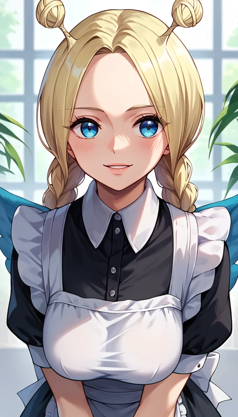 score_9, score_8_up, score_7_up, score_6_up, score_5_up, score_4_up, 1girl, conis, wings, blonde hair, antenna hair, twin braids, blue eyes, maid, looking at viewer, cute, <lora:Conis_v2:1>