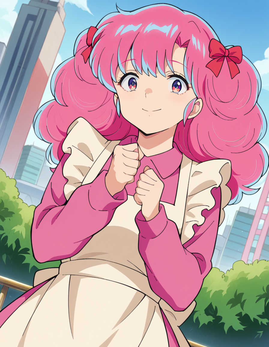 score_9, score_8_up, score_7_up, source_anime,
uruseiyatsuraran, <lora:urusei-ran-ponyxl-lora-nochekaiser:1>,
ran, long hair, bangs, pink hair, bow, hair bow, red bow, pink eyes, smile,
long sleeves, apron, white apron, shirt, pink shirt, frills, long sleeves,
outdoors, cityscape,
looking at viewer, cowboy shot, dutch angle,
