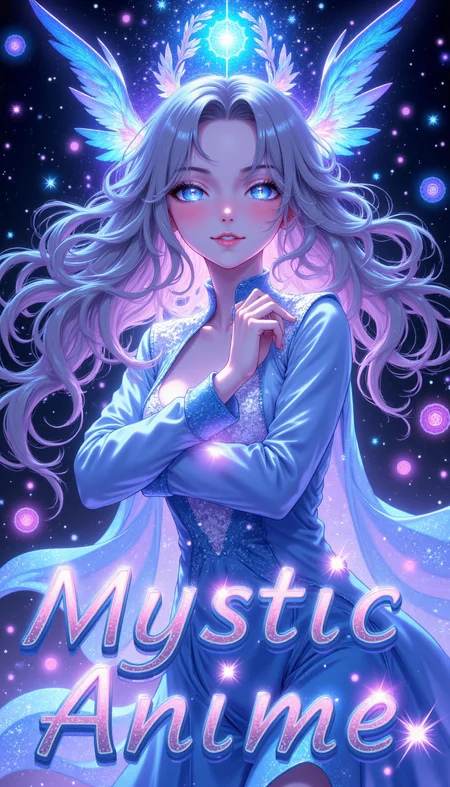 pinkmysticanime,
A mystical anime-style scene featuring a celestial sorceress with flowing silver hair, surrounded by glowing runes and swirling magical energy. The background showcases an ethereal cosmic nebula with sparkling stars and dreamy hues of blue and purple. The text "Mystic Anime" glows in an enchanting, calligraphic font, seamlessly blending into the scene with a radiant aura.