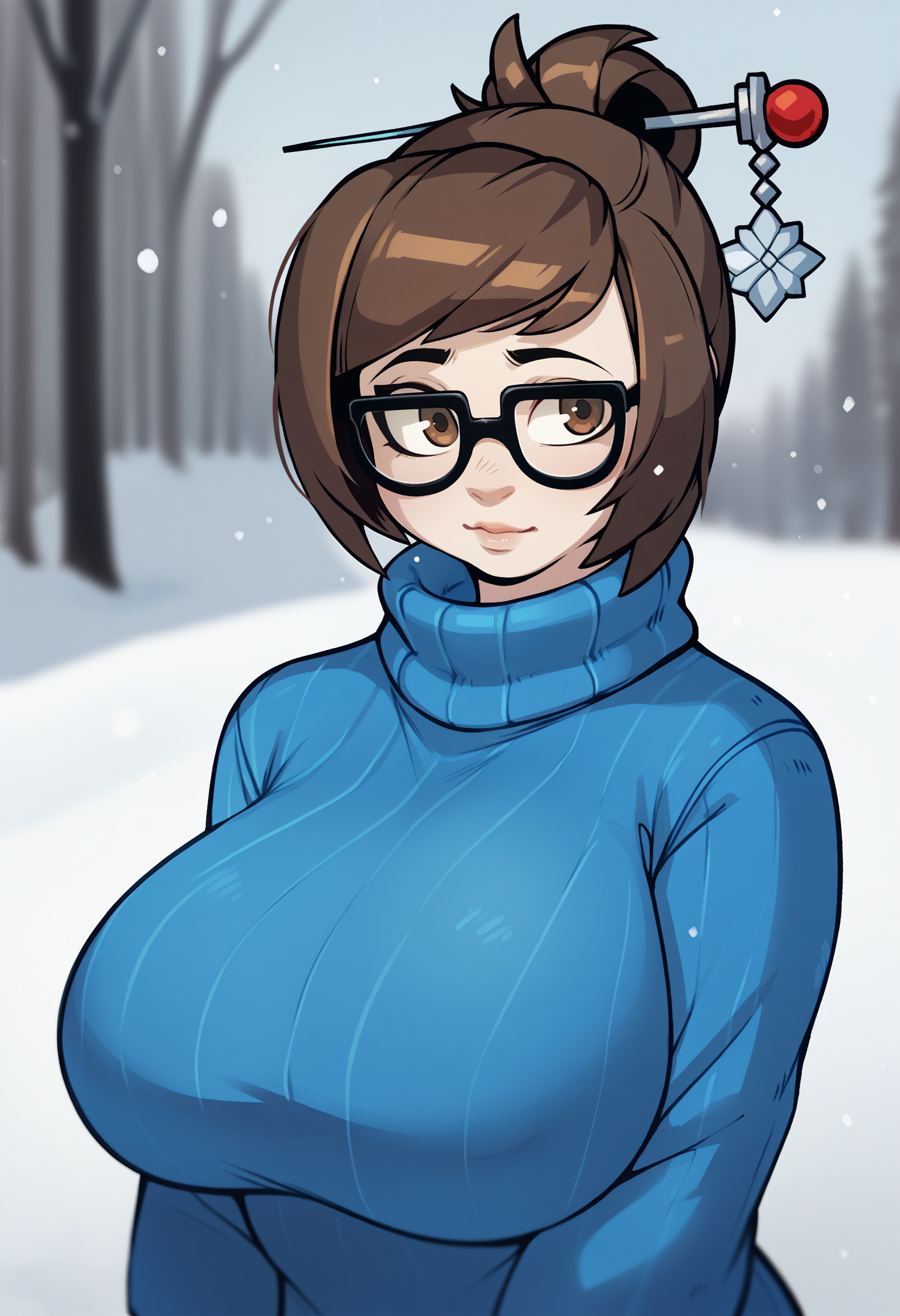 score_9, score_7_up <lora:gats-guy-PONY-DORAv1:1>, 1girl, solo, (mei \(overwatch\)):0.8, glasses, sweater, snow, depth of field, portrait, large breasts