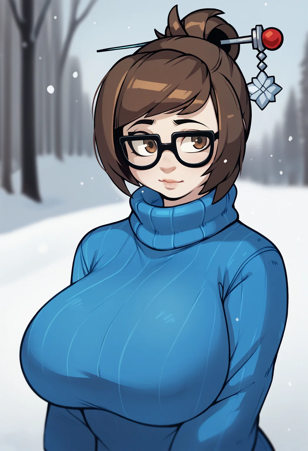 score_9, score_7_up <lora:gats-guy-PONY-DORAv1:1>, 1girl, solo, (mei \(overwatch\)):0.8, glasses, sweater, snow, depth of field, portrait, large breasts