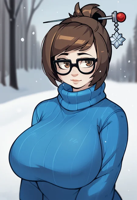 score_9, score_7_up <lora:gats-guy-PONY-DORAv1:1>, 1girl, solo, (mei \(overwatch\)):0.8, glasses, sweater, snow, depth of field, portrait, large breasts
