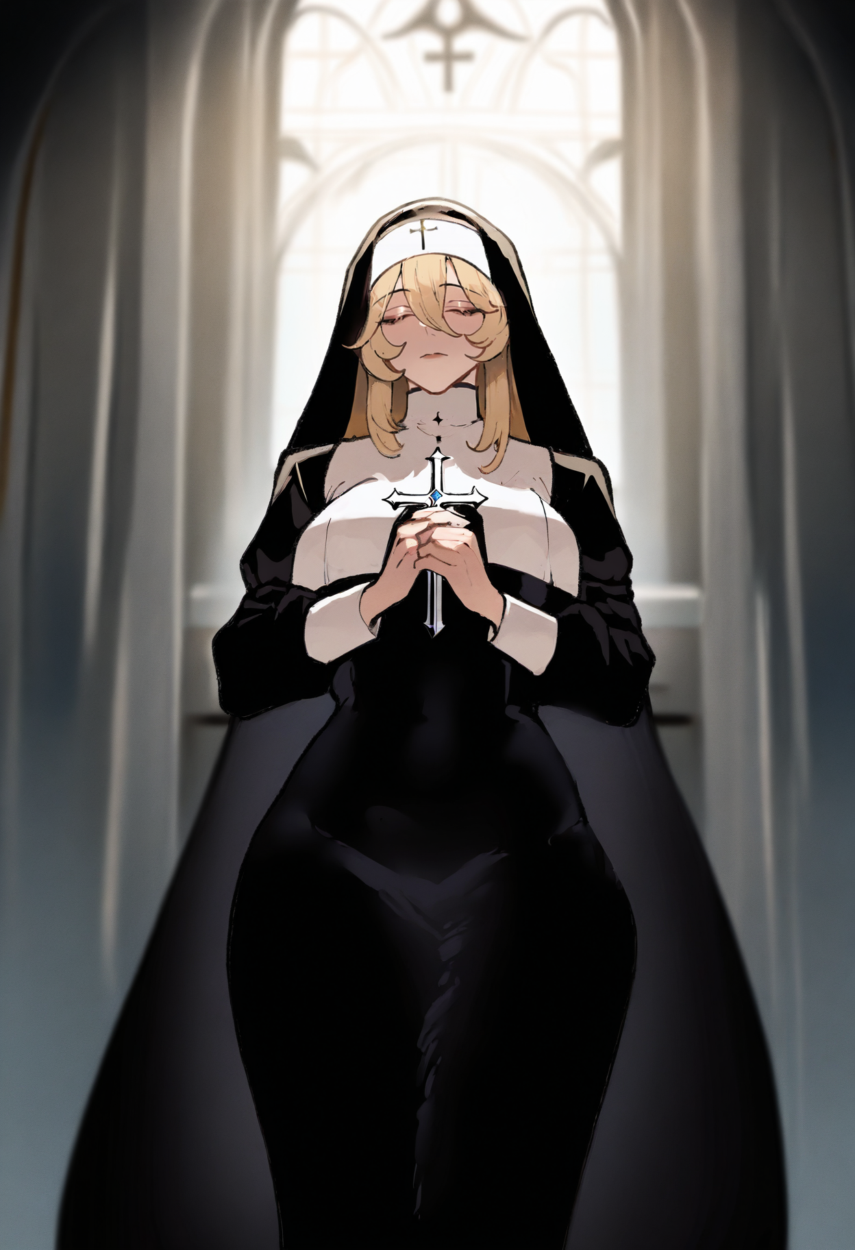 1girl,solo,nun,<lora:nyantcha nai 3.0:1>,th1ccw1thaq style,large breasts,blonde hair,long hair,hair between eyes,closed eyes,expressionless,facing down,standing,holding cross,cross,general,masterpiece,best quality,(newest:1.1),highres,church,depth of field,