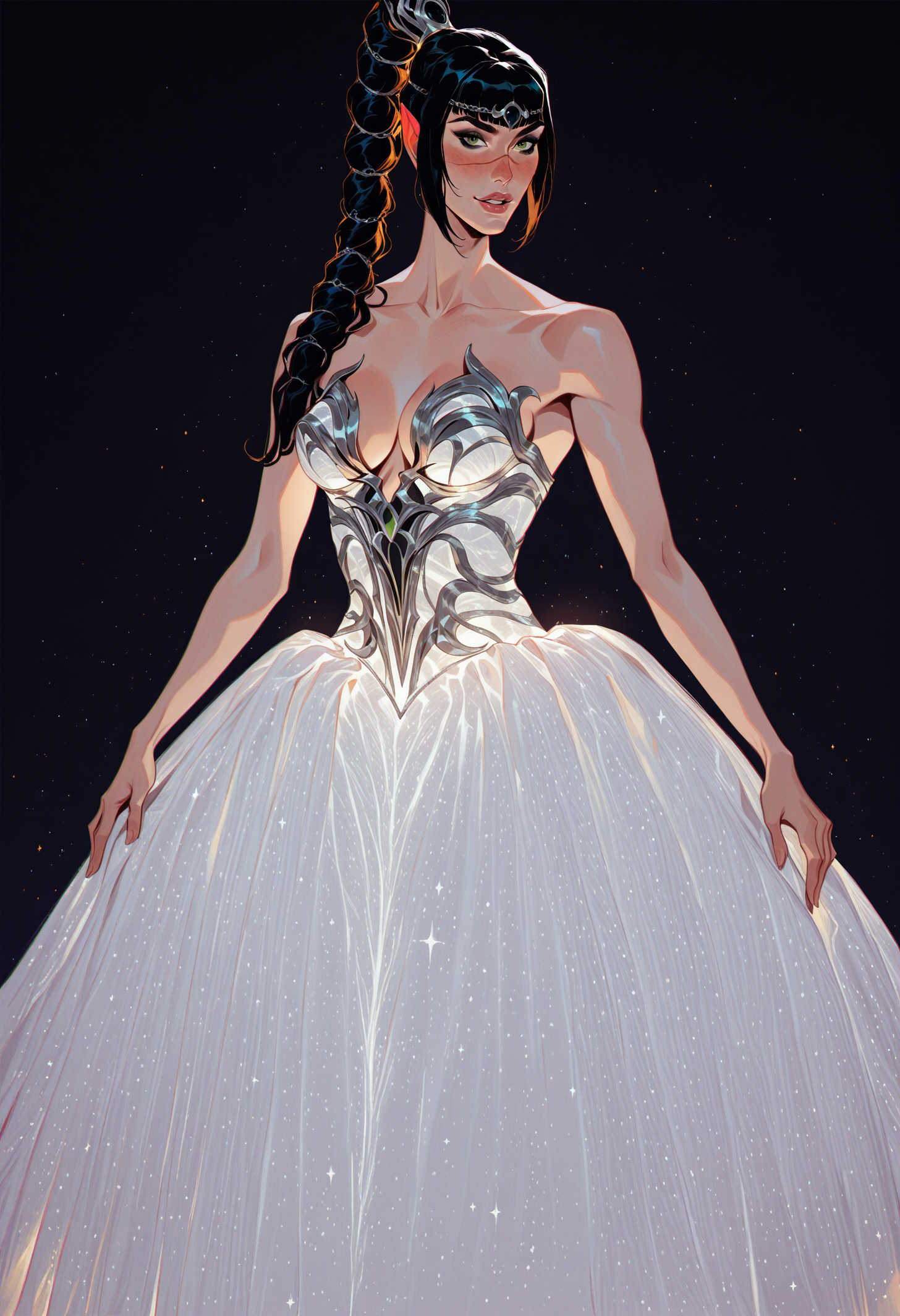 masterpiece, best quality, amazing quality, highres, absurdres, very aesthetic, very awa, chromatic aberration, shiny skin, skindentation, expert shading,
BREAK,
nosima, cartoon, western, laurelin, cherrygig,, 1girl, solo, shadef, green eyes, black eyeliner, freckles, pointy ears, medium breasts, scar on nose, long hair, high ponytail, braided ponytail, black hair, blunt bangs, sidelocks, hair ornament, grey diadem, lips, parted lips, 
BREAK,
space print, glowing gown, strapless, white dress, plunging neckline,, looking at viewer, dynamic pose, seductive smile, cute, 
BREAK,
dark background, sparkle,, raytracing, hyper detailed, extremely detailed, volumetric lighting, lazypos, intricate details, fhanddetailxl, <lora:glowinggownILL:1.0000000000000002> <lora:AmiThompson-adafactor-guy90:1.0000000000000002> <lora:Shadowheart-NoobAi-1.1_V2-Manityro-CAME:0.8000000000000002> <lora:spo_sdxl_10ep_4k-data_lora_webui:0.6000000000000001>
