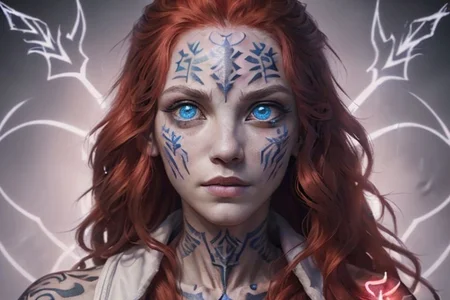 bright red hair, human female, (feminine:1.7), (beautiful face, detailed face:1.6), (beautiful eyes, detailed eyes:1.7), (looking at viewer, eye contact, intense:1.6), (long hair, red hair, curly hair:1.3), , ((masterpiece, best quality, high resolution, realistic, best quality,)), photo realistic, Perfect Face, (detailed face). <lora:GoodHands-vanilla:0.6> <lora:add-detail-xl:0.8>, mage, (Dress White military uniform coat), dagger, rune dagger, glowing runes, , (((glowing magic symbols tattoos, religious tattoos))), ((face tattoos)), glowing tattoos, stone tower in the background