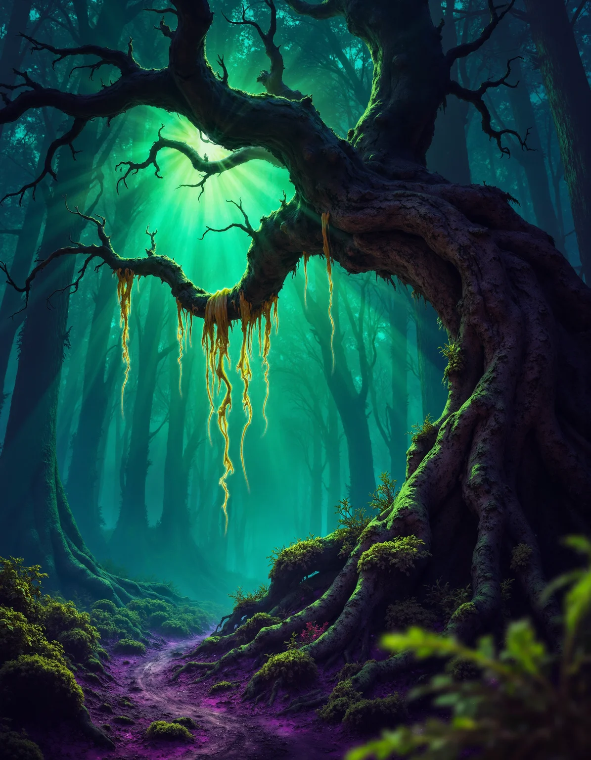 zavy-psnglw, Low angle shot capturing a dark forest bathed in eerie light, a twisted tree with luminescent toxic vines trailing down its trunk, dense undergrowth and mist swirling at ground level, cinematic style with dramatic contrasts and a slightly blurred focus, vibrant greens and ominous purples with hints of sickly yellow.
