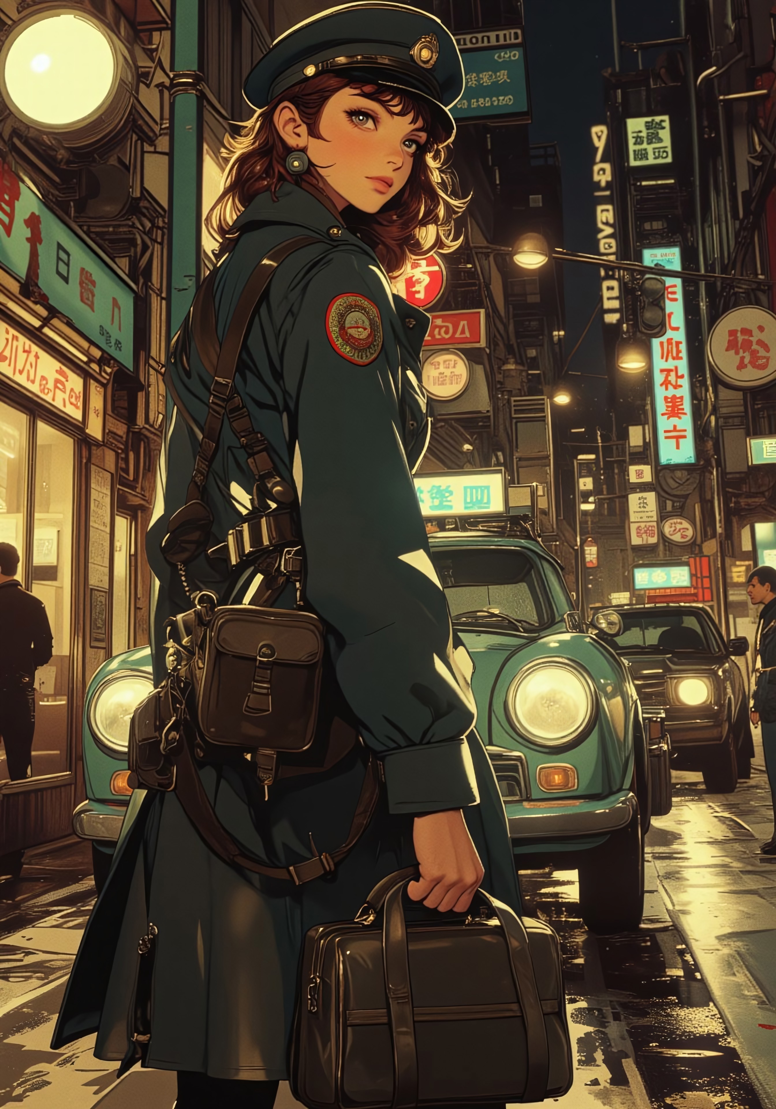 A beautiful woman standing next to a dieselpunk police car at the corner of a busy intersection, she has long hair in a ponytail, she is wearing a dieselpunk police uniform with a black leather trench coatt, she is looking away from the viewer, long shadows, hard lighting, bboil artist style, d13s3lp2nk , YFG-Asak, OBdonman, in a neon-lit NLSTN anime style, NLSTN, glowing, neon, medium shot, side view,