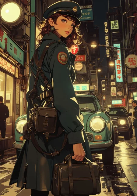 A beautiful woman standing next to a dieselpunk police car at the corner of a busy intersection, she has long hair in a ponytail, she is wearing a dieselpunk police uniform with a black leather trench coatt, she is looking away from the viewer, long shadows, hard lighting, bboil artist style, d13s3lp2nk , YFG-Asak, OBdonman, in a neon-lit NLSTN anime style, NLSTN, glowing, neon, medium shot, side view,