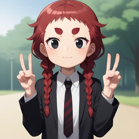 score_8_up, BREAK, ShibaEyebrow, short eyebrows, 1girl, solo, red hair, black eyes, twin braids, white shirt, black suit, necktie, cowboy shot, double v, <lora:Shiba_eyebrows_PXL_Leaf1:1>, outdoors, depth of field,