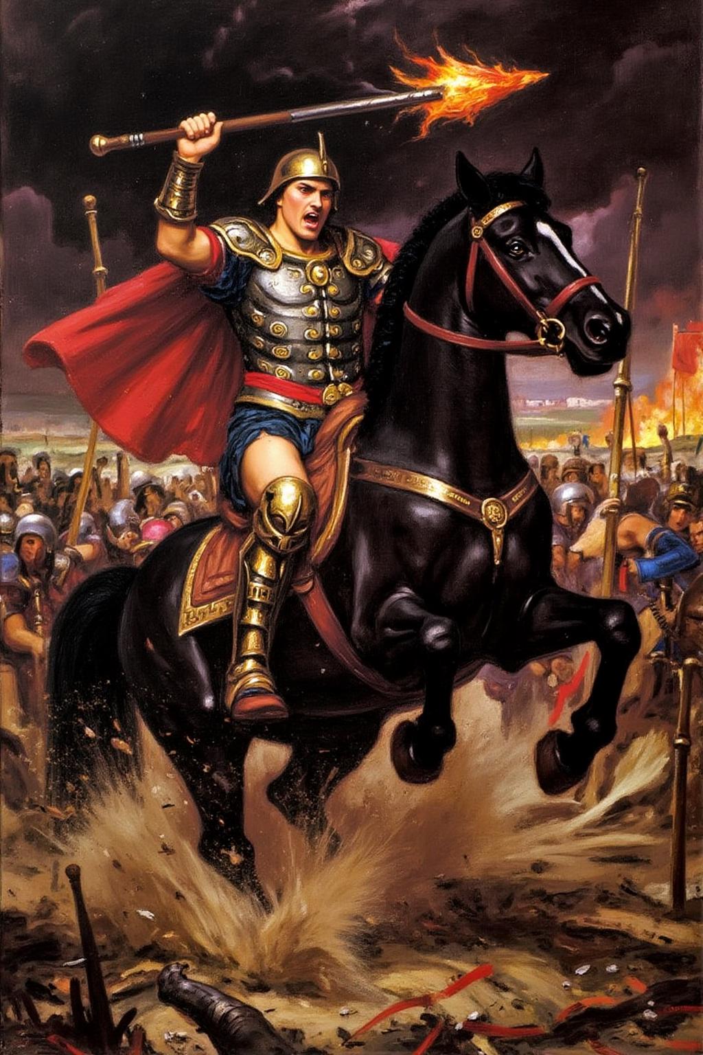 jwwaterhouse1 painting. 
A highly detailed and dynamic fantasy painting of a fierce warrior charging into battle on a powerful black horse. The warrior is clad in intricate, ornate armor with gold and red accents, wielding a flaming spear in one hand. His face is expressive with rage and determination, his eyes glowing red. The horse is armored, rearing up amidst a storm of dust, sparks, and debris. The background is chaotic with the suggestion of a fiery battlefield and distant silhouettes of warriors. The overall atmosphere is intense and dramatic, with vibrant colors and a sense of motion and energy. Painted in the style of classical epic battle art with vivid realism and texture  <lora:jwwaterhouse1_cap_d6a3e11:1.0><lora:829541047668415276:0>