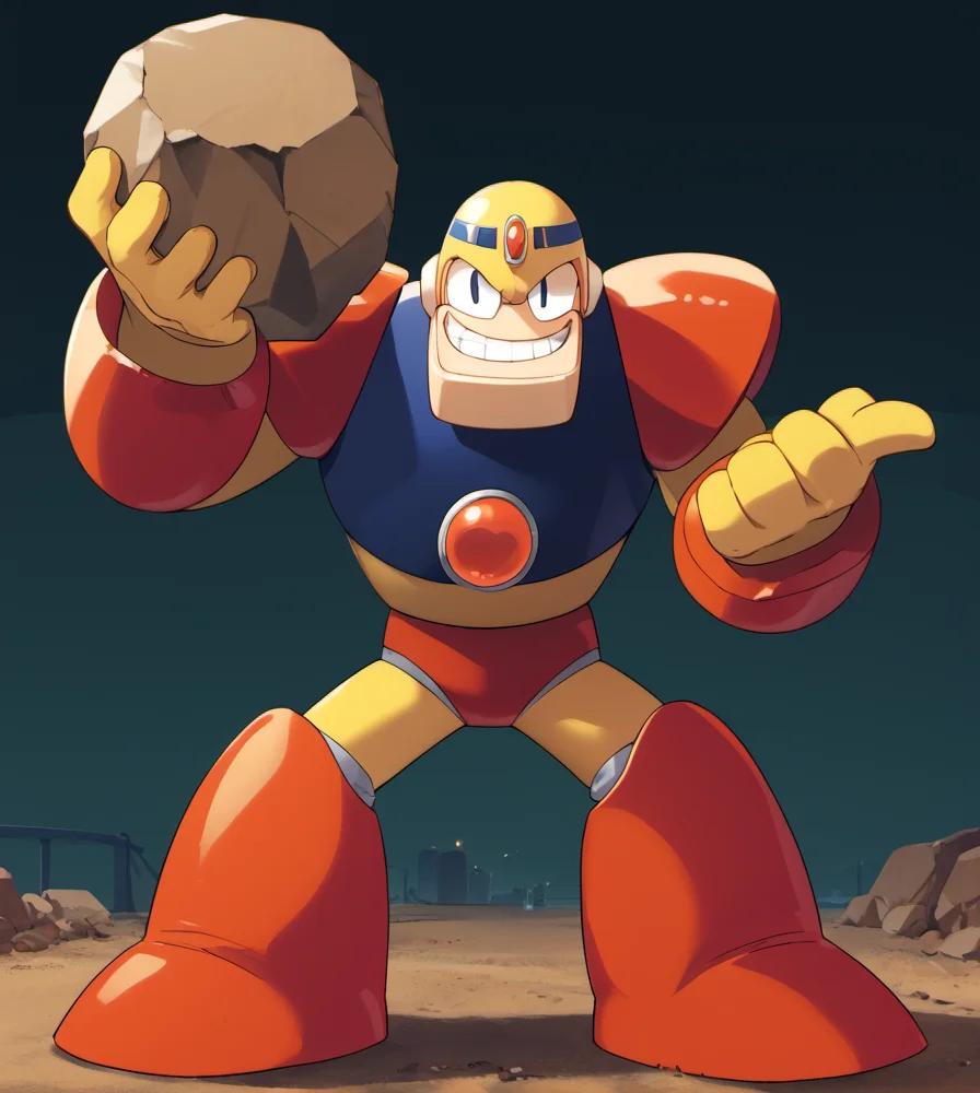 score_9, score_8_up, score_7_up, high res:1.5, digital media (artwork), lineless:1.5, dutch angle:0.7, solo focus, gut5m4n, robot, helmet, big chin, big chest, holding rock, one eye closed, wink, smile, toothy grin, male, front view, full body, construction site scenery, <lora:Guts_Man_-_Mega_Man_Classic:1>