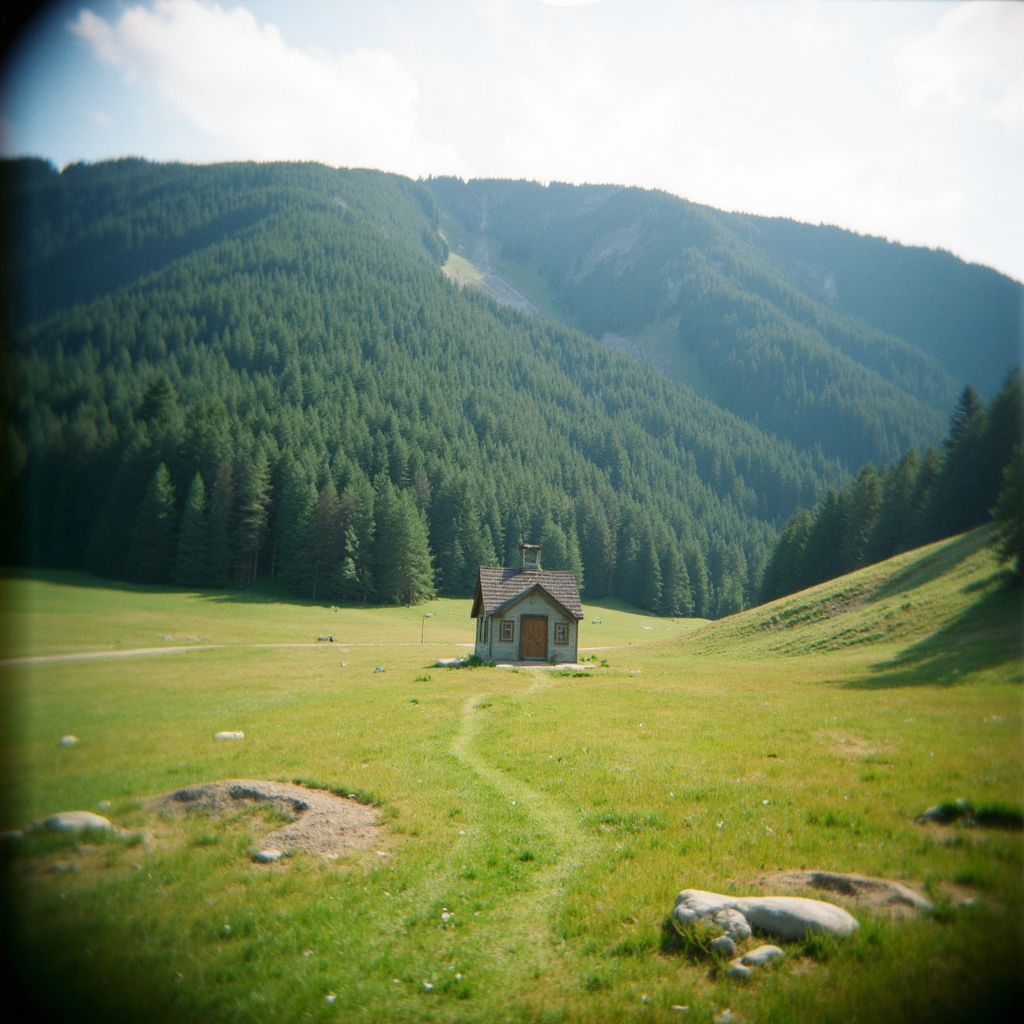 Shot with a Holga camera, a small chapel in the middle of a meadow