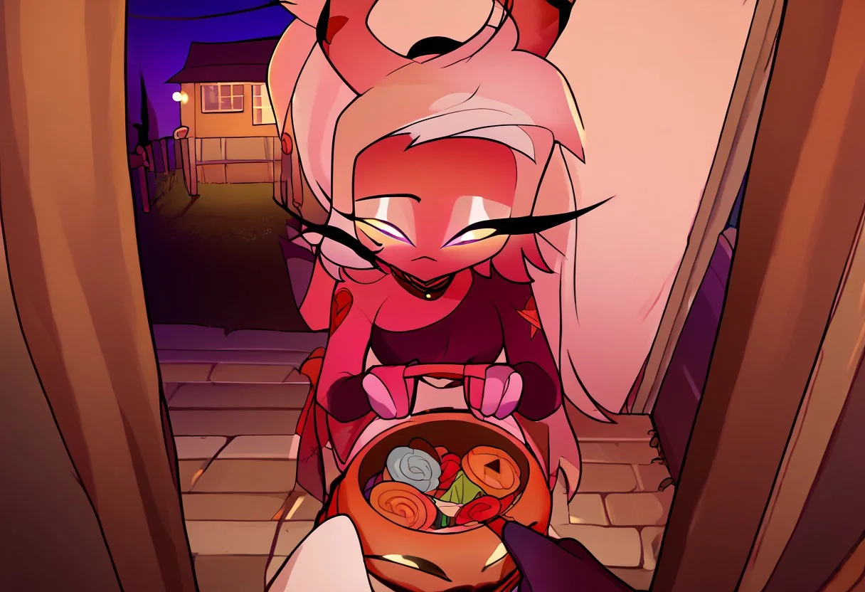 score_9, score_8_up, score_7_up, 1girl, tr1ck0rtr3at, holding, halloween bucket, doorway, door, street background, halloween costume. witch, candies. night, halloween, pov, hand, Verosika apology tour, VerosikaMayday, VerosikaApologytour