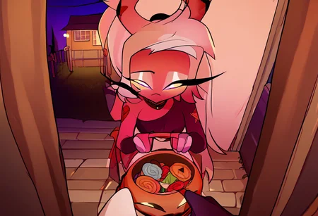 score_9, score_8_up, score_7_up, 1girl, tr1ck0rtr3at, holding, halloween bucket, doorway, door, street background, halloween costume. witch, candies. night, halloween, pov, hand, Verosika apology tour, VerosikaMayday, VerosikaApologytour