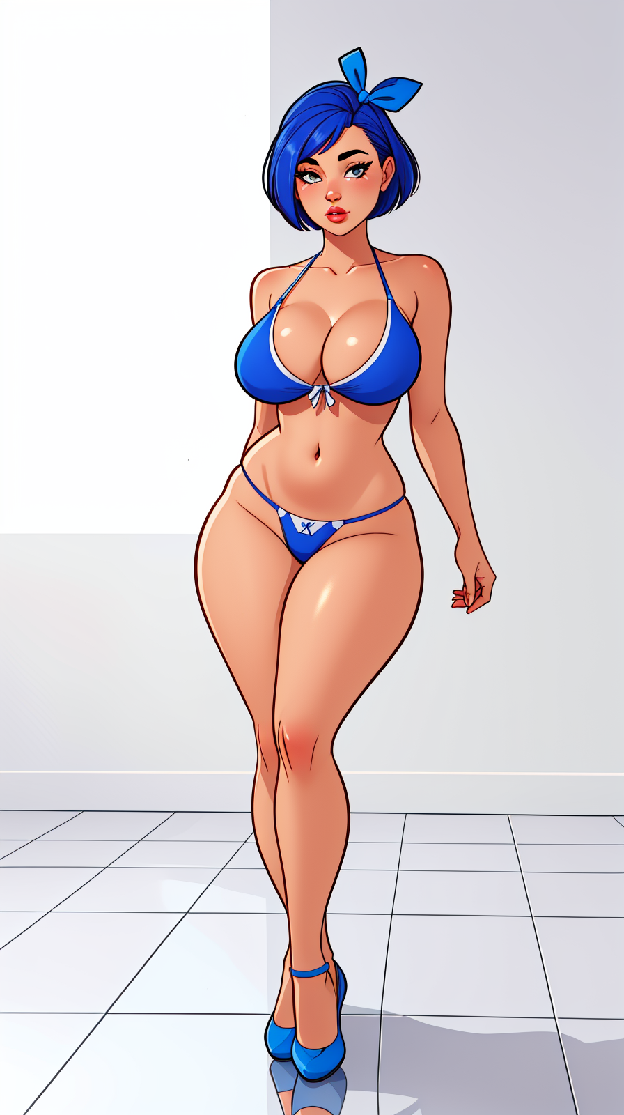 high detailed, masterpiece <lora:p3r3zstyle_v3:0.8> 1girl cartoon character in a bikini and blue shoes, short hair, perfect hands, big breast, wide hips, thick thighs, blue bow on her head, ultra realistic digital art, a 3D render, photorealism, clean scene, white background, white wall, shinny floor, white floor