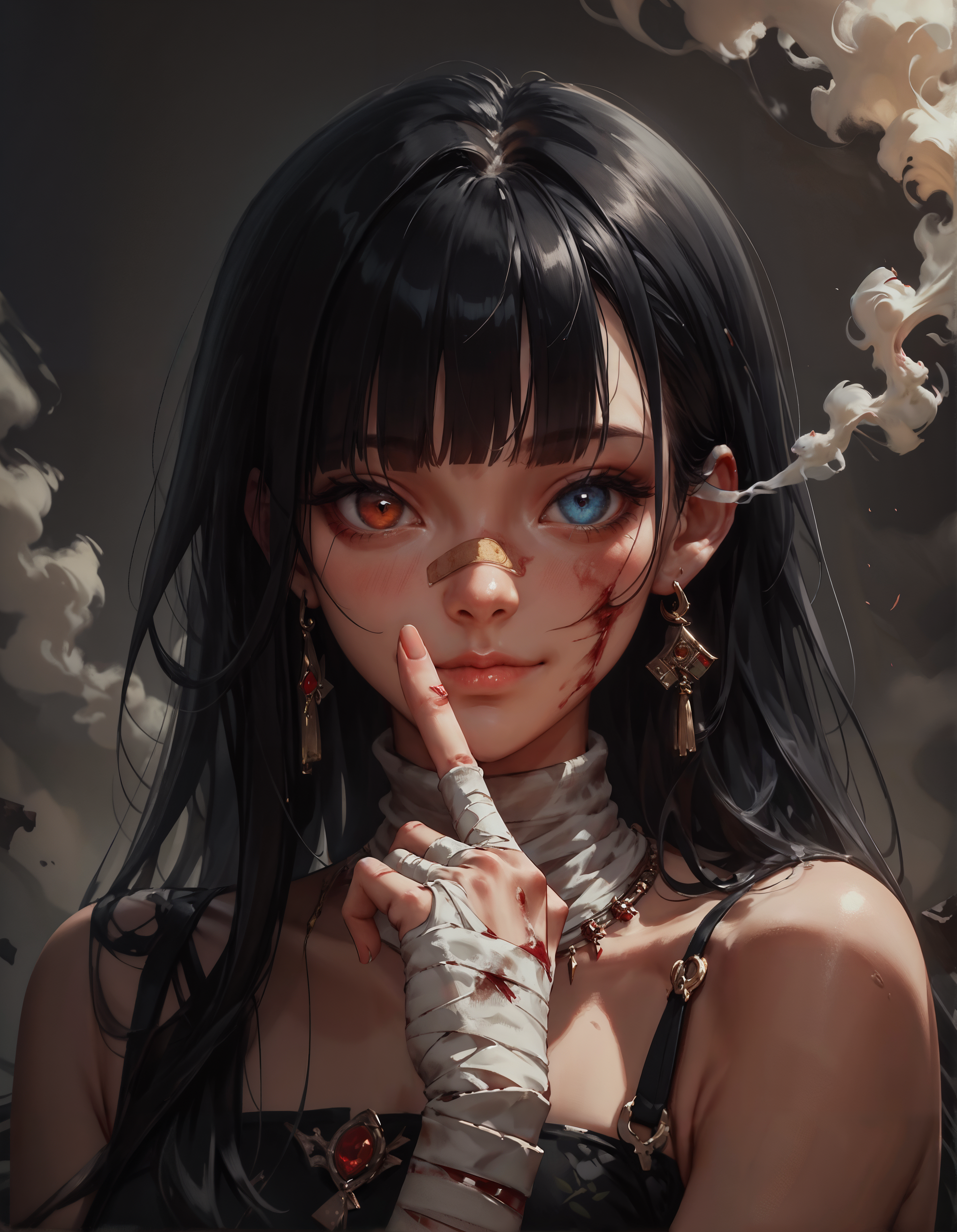 score_9, score_8_up, score_7_up, score_6_up, score_5_up, score_4_up,  1girl, solo, long hair, looking at viewer, blue eyes, black hair, red eyes, closed mouth, jewelry, upper body, earrings, hand up, blunt bangs, blood, heterochromia, bandages, black background, bandaid, index finger raised, finger to mouth, smoke, bandaged arm, injury, bandaid on face, shushing, bandaged hand, bandaged head, bandaged neck, bandaged fingers, smirk, smile  <lora:Concept Art DarkSide Style LoRA_Pony XL v6> <lora:sinfully_stylish_SDXL>