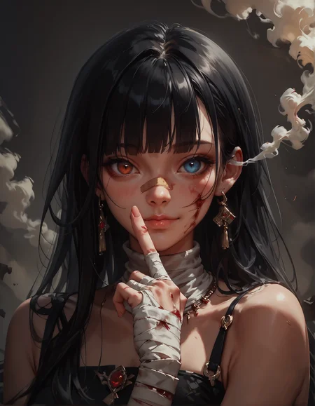 score_9, score_8_up, score_7_up, score_6_up, score_5_up, score_4_up,  1girl, solo, long hair, looking at viewer, blue eyes, black hair, red eyes, closed mouth, jewelry, upper body, earrings, hand up, blunt bangs, blood, heterochromia, bandages, black background, bandaid, index finger raised, finger to mouth, smoke, bandaged arm, injury, bandaid on face, shushing, bandaged hand, bandaged head, bandaged neck, bandaged fingers, smirk, smile  <lora:Concept Art DarkSide Style LoRA_Pony XL v6> <lora:sinfully_stylish_SDXL>