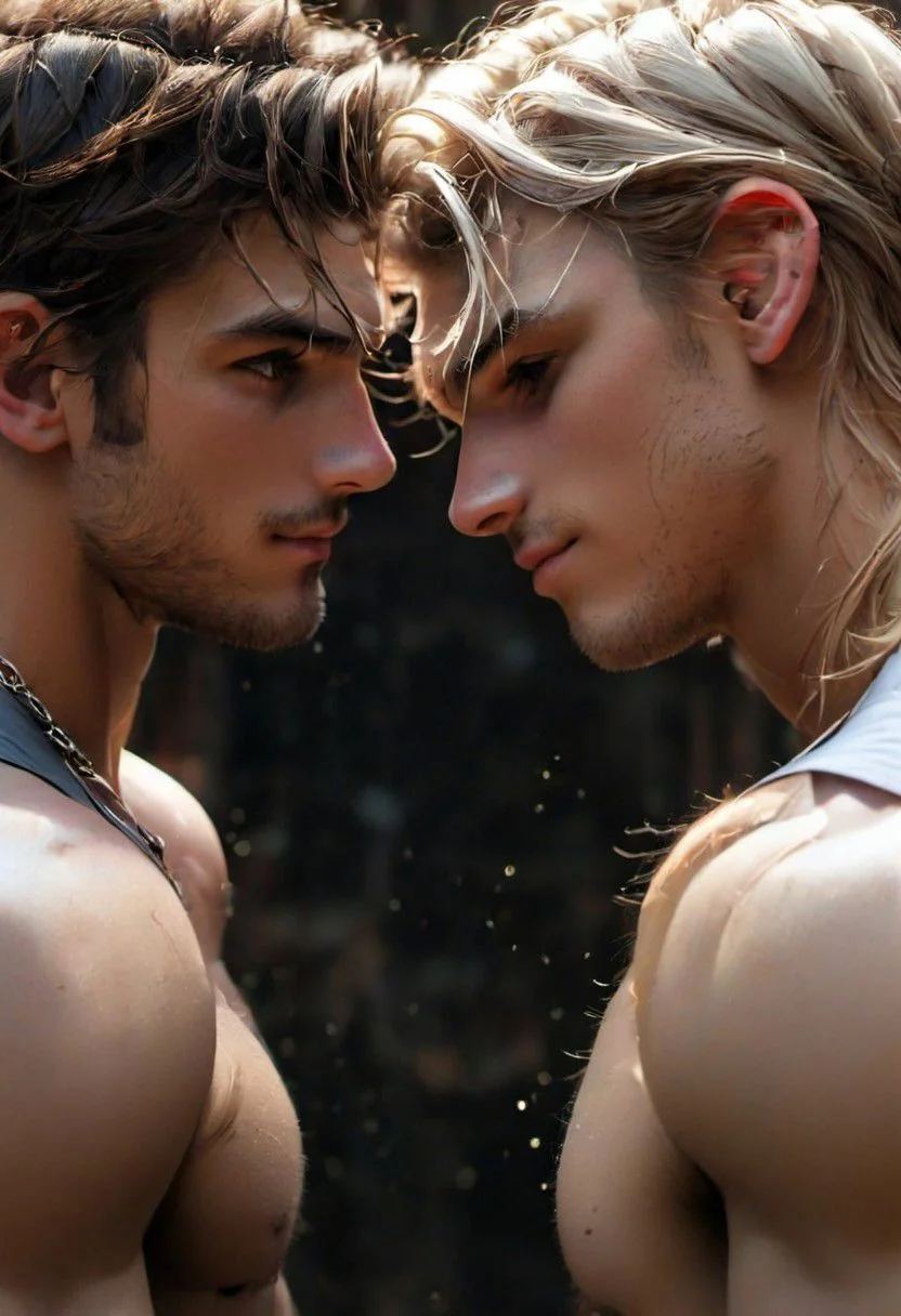 kyle ross, male focus, 2men, two handsome 18yo platinum blonde twinks embracing and kissing, close up of faces kissing, holding each other from behind, hugging from behind, face focus, dynamic posture, dramatic angle, camera angle from below, shirtless, stubble, hands on hip, black dog collar, black neck collar, long chain necklace, shirtless, kinky,
skinny muscled, slender muscled, skinny, slender features, narrow shoulders, detailed armband tattoo, cute face, boyish face, perfect biceps, bicep veins, bulging veins, defined veins, great pecs, thin waist, angular face, strong and powerful, sporty, predatory look, feathered hair, long hair, shoulder length hair, great detail, satisfaction, blue eyes, bubble butt, small ass, small butt, tight shorts, 
(Masterpiece, high quality:1.3), masterpiece, depth of field, bokeh, detailed, homoerotic, (homoerotic), highly detailed, sharp focus, intricate, smooth, elegant, fantasy, cinematic lighting, cinematic, masterpiece, matte, photorealistic, 4k, beautiful, volumetric lighting, dramatic, photo-realistic, life-like, high detail, lighting, 8Knematic lighting, 8K, contrast lighting, contrasting lighting, cinematic lighting,