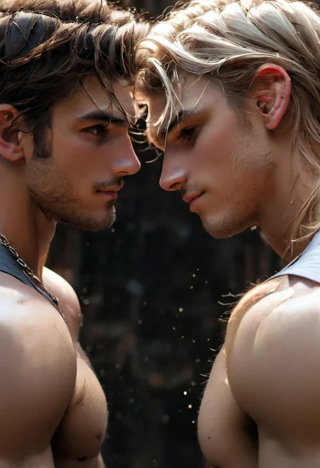 kyle ross, male focus, 2men, two handsome 18yo platinum blonde twinks embracing and kissing, close up of faces kissing, holding each other from behind, hugging from behind, face focus, dynamic posture, dramatic angle, camera angle from below, shirtless, stubble, hands on hip, black dog collar, black neck collar, long chain necklace, shirtless, kinky,
skinny muscled, slender muscled, skinny, slender features, narrow shoulders, detailed armband tattoo, cute face, boyish face, perfect biceps, bicep veins, bulging veins, defined veins, great pecs, thin waist, angular face, strong and powerful, sporty, predatory look, feathered hair, long hair, shoulder length hair, great detail, satisfaction, blue eyes, bubble butt, small ass, small butt, tight shorts,
(Masterpiece, high quality:1.3), masterpiece, depth of field, bokeh, detailed, homoerotic, (homoerotic), highly detailed, sharp focus, intricate, smooth, elegant, fantasy, cinematic lighting, cinematic, masterpiece, matte, photorealistic, 4k, beautiful, volumetric lighting, dramatic, photo-realistic, life-like, high detail, lighting, 8Knematic lighting, 8K, contrast lighting, contrasting lighting, cinematic lighting,