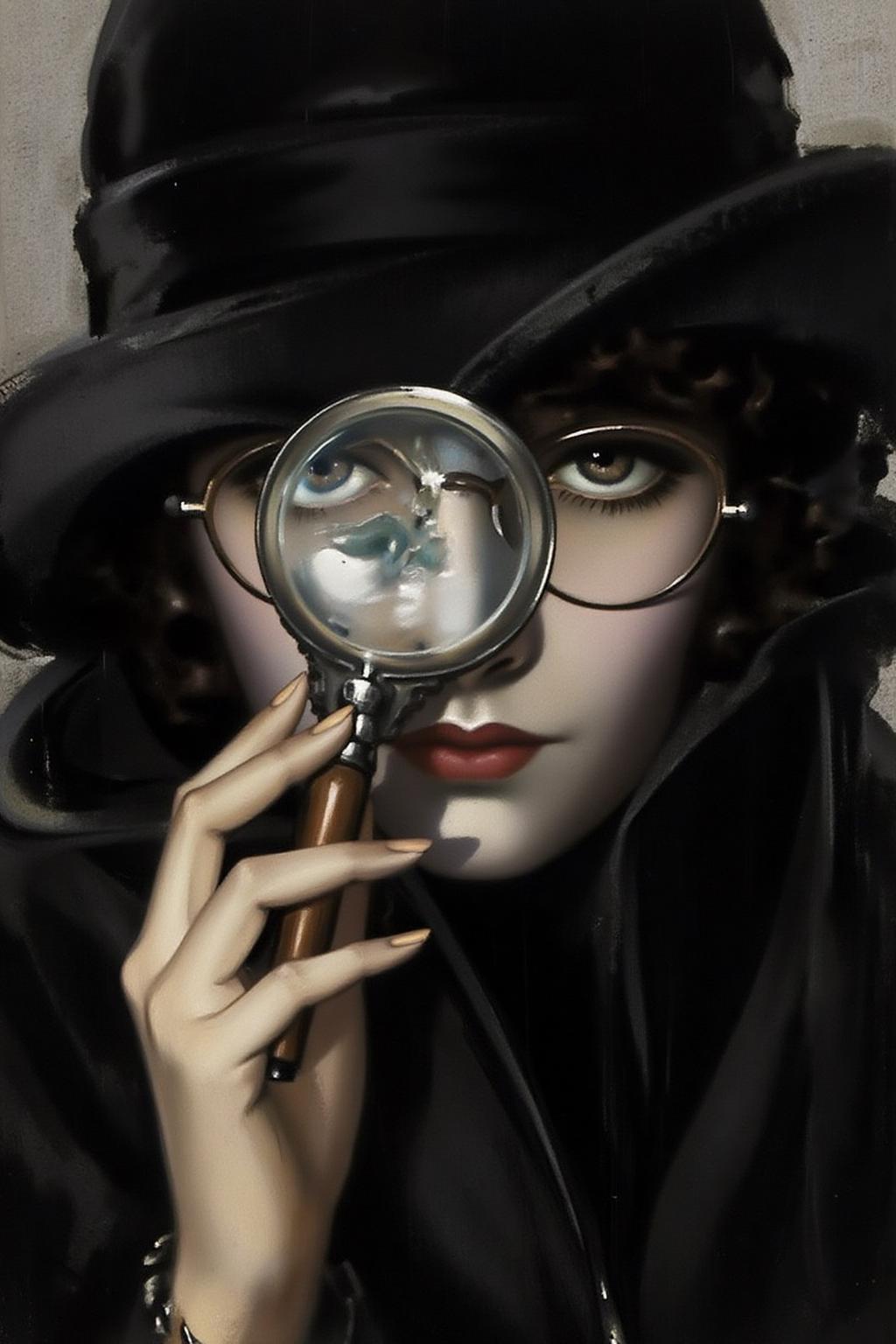 rolfarmstrong1 illustration.
Portrait of a female detective scowling into a magnifying glass. The glass is crystal clear, showing a water portal through the glass. The detective is wearing a pair of old fashion glasses, and a black suit that emanates her shadowy figure.  <lora:rolfarmstrong1_cap_d8a4:1.0><lora:862567344705138741:0>