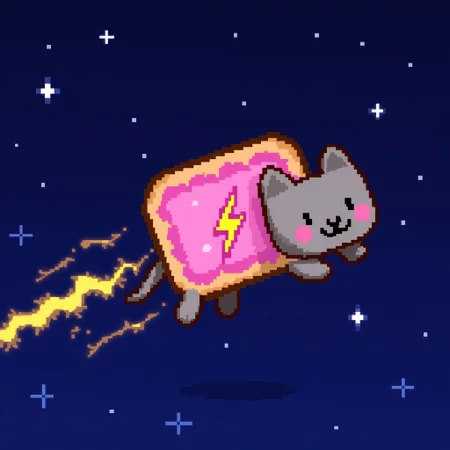 Nyan cat, a pixelart cat with a poptart as a body, flies happily through space, leaving a train of lightning in his wake. There is a lightning bolt emblem on his body.