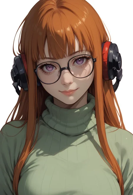 score_9, score_8_up, score_8, score_7_up, score_7, ((close up)), face focus, Expressiveh
BREAK
1girl, solo, Sakura_Futaba, purple_eyes, orange_hair, long_hair, medium_breasts, glasses, headphones, medium breasts, looking at viewer, head tilt, seductive look, aroused, horny, standing, pale green turtleneck sweater, light smile
BREAK
white background