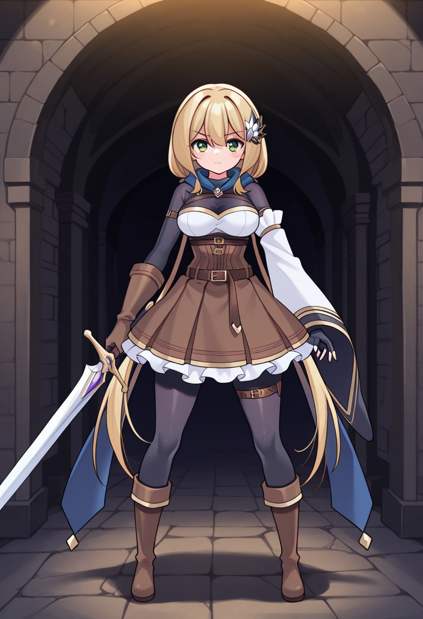 1girl, solo, chanyuusha, blonde hair, low twintails, very long hair, hair ornament, green eyes, scarf, medium breasts, bodysuit, arm strap, thigh strap, frilled dress, corset, single detached sleeve, single glove, single fingerless gloves, mismatched gloves, belt, boots, sword, holding sword, serious, indoors, underground, dungeon, straight-on, looking at viewer,