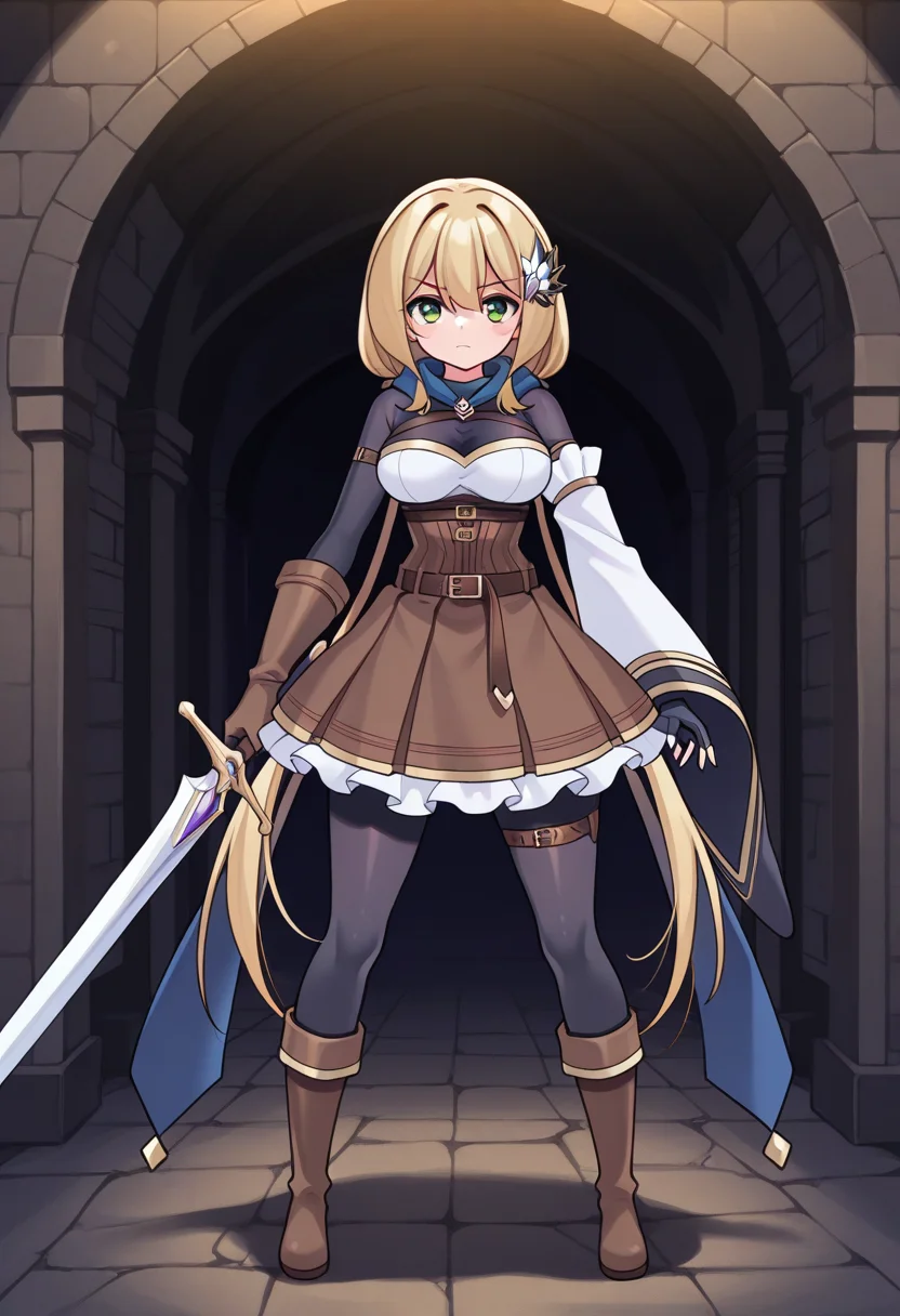 1girl, solo, chanyuusha, blonde hair, low twintails, very long hair, hair ornament, green eyes, scarf, medium breasts, bodysuit, arm strap, thigh strap, frilled dress, corset, single detached sleeve, single glove, single fingerless gloves, mismatched gloves, belt, boots, sword, holding sword, serious, indoors, underground, dungeon, straight-on, looking at viewer,