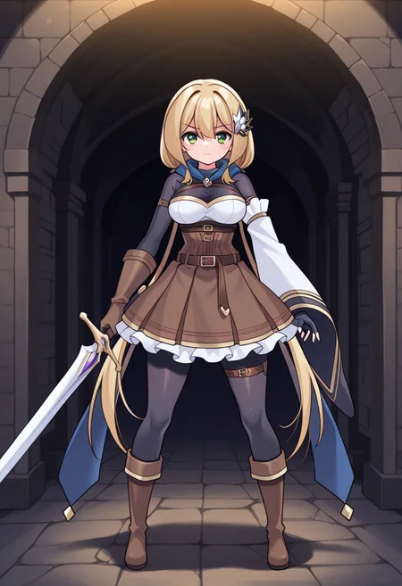 1girl, solo, chanyuusha, blonde hair, low twintails, very long hair, hair ornament, green eyes, scarf, medium breasts, bodysuit, arm strap, thigh strap, frilled dress, corset, single detached sleeve, single glove, single fingerless gloves, mismatched gloves, belt, boots, sword, holding sword, serious, indoors, underground, dungeon, straight-on, looking at viewer,