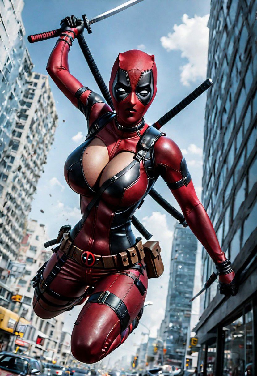 hyperrealistic art (busty girl deadpool, Swinging her kahtana swords, jumping through the air, chaos), (reflections, exploding cars, sunny day), slim body, (huge round breasts), (breasts bursting out of  open cleavage cutaway, bare skin cleavage, huge round breasts), (full mask, full costume with cleavage cut away), extremely high-resolution details, photographic, realism pushed to extreme, fine texture, incredibly lifelike, huge tits, (in action poses), (doing vertical leg splits), (defined cameltoe), (own hands grabbing ass:1.4),