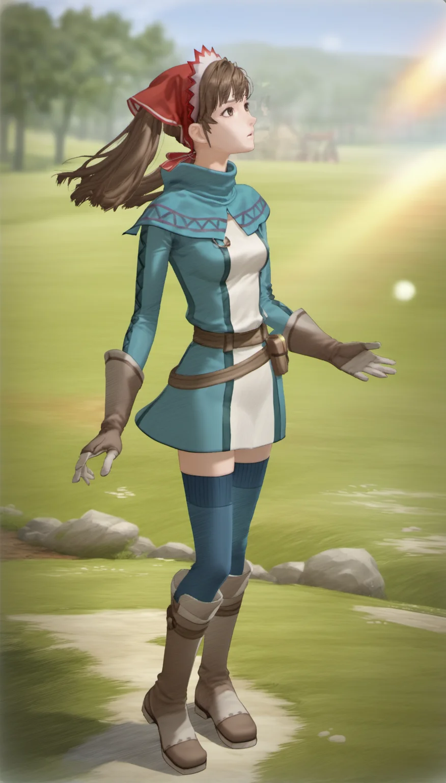 score_9,score_8_up,score_7_up,
<lora:aliciamelchiott:0.9>,
aliciamelchiot,
realistic,
1girl,solo,
brown hair,twintails,
brown eyes,looking up,parted lips,
headdress,squad leader outfit,brown belt,blue high-collar,brown gloves,
brown boots,blue thighhighs,
full body,standing,
blurry background,bloom,lights particle,outdoors,countryside,wind,vignetting,particle effects,lens flare,