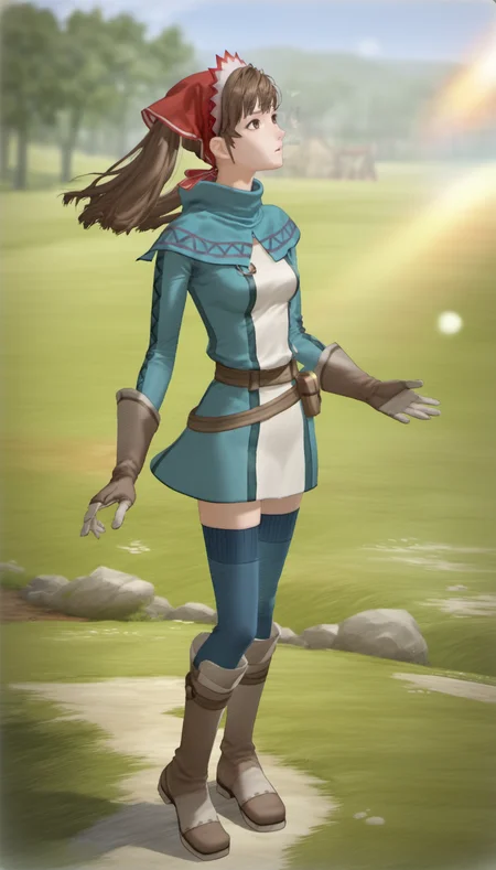 score_9,score_8_up,score_7_up,
<lora:aliciamelchiott:0.9>,
aliciamelchiot,
realistic,
1girl,solo,
brown hair,twintails,
brown eyes,looking up,parted lips,
headdress,squad leader outfit,brown belt,blue high-collar,brown gloves,
brown boots,blue thighhighs,
full body,standing,
blurry background,bloom,lights particle,outdoors,countryside,wind,vignetting,particle effects,lens flare,