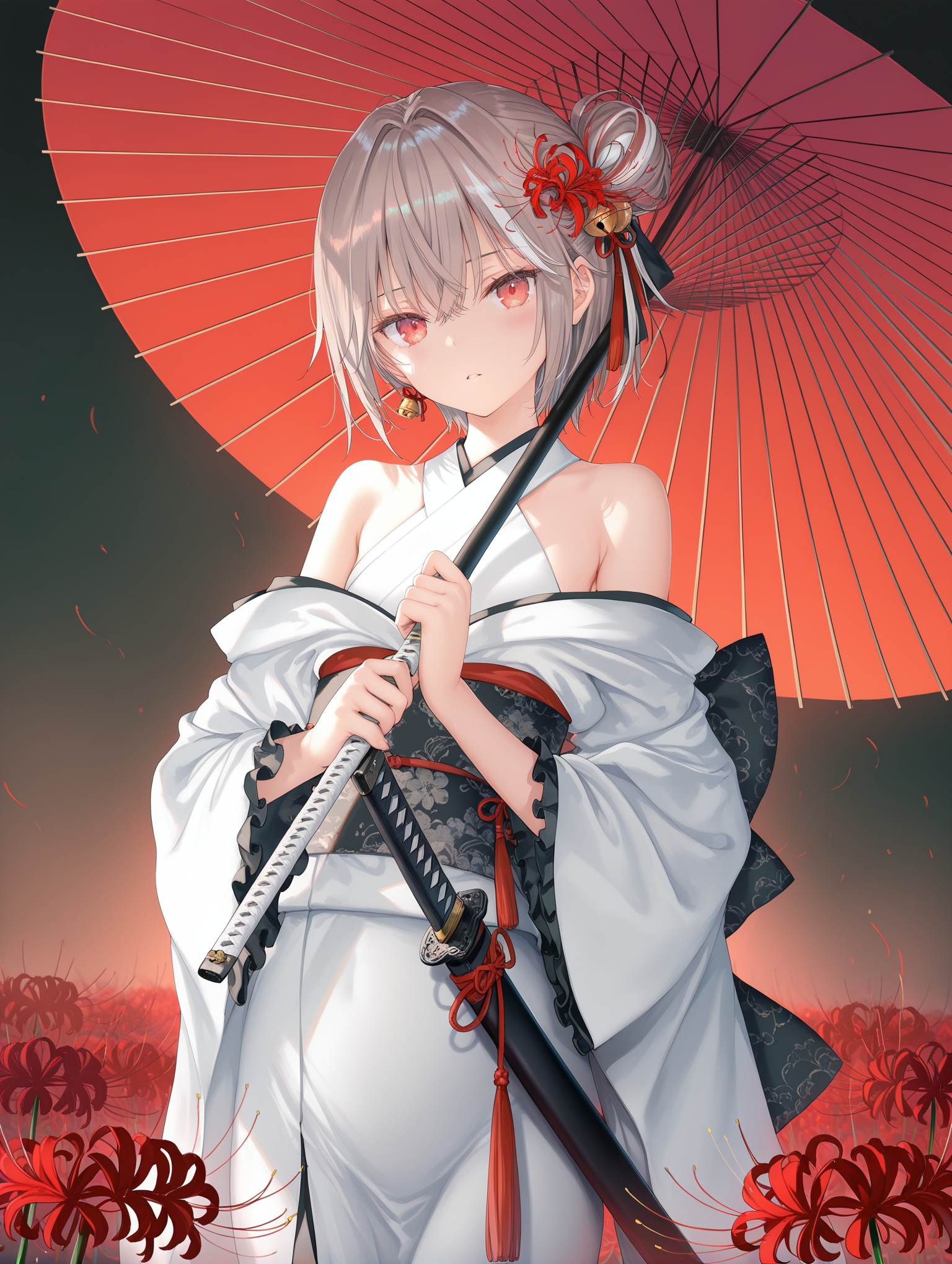 1girl,solo,katana,holding sword,red eyes,hair ornament,multicolored hair,japanese clothes,long hair,moody lighting,looking at viewer,kimono,oil-paper umbrella,streaked hair,tassel,hair bun,hair flower,bangs,long sleeves,bell,frilled sleeves,off shoulder,parted lips,white hair,frills,grey hair,wide sleeves,hair bell,bare shoulders,sash,sheath,spider lily,rurudo,(kani biimu:0.5),(fuzichoco:0.3),(wlop:0.5),(mignon:0.4),(momoko \(momopoco\):0.6),(kazutake hazano:0.6),
,masterpiece,best quality,amazing quality,