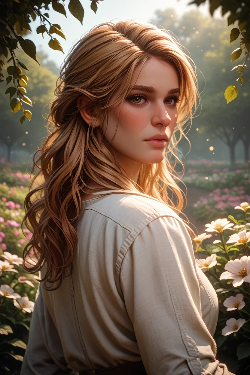 score_9, score_8_up, score_7_up,
<lora:RDR2Sadie:0.8>
RDR2Sadie, 1girl, blonde hair, long hair, brown eyes, looking at viewer, standing in a sunlit garden, surrounded by blooming flowers, soft focus background with bokeh, gentle breeze rustling through leaves, romantic and dreamy ambiance