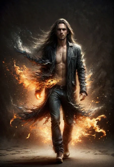 ral-dissolve, a man walks out of the flames, long hair, fluttering jacket, long tongues of flame, mystical dark mood, ral-vlntxplzn