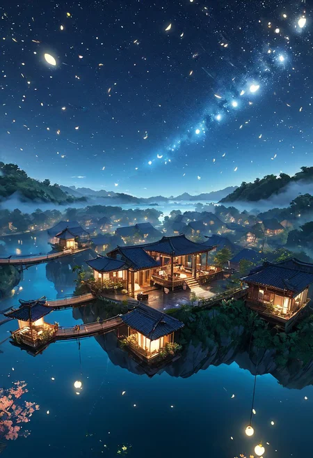 outdoors, The island floating in the air, human, bulding night, , (low light), top-down view, firefly -ar 9:16, high saturation, high contract