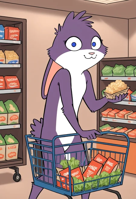 score_9, score_8_up, score_8, <lora:Amy_Bedfellows_for_PonyXL:0.8> furry female, 1girl, 4my, blue eyes, animal ears, grocery store, shopping cart, cereal boxes